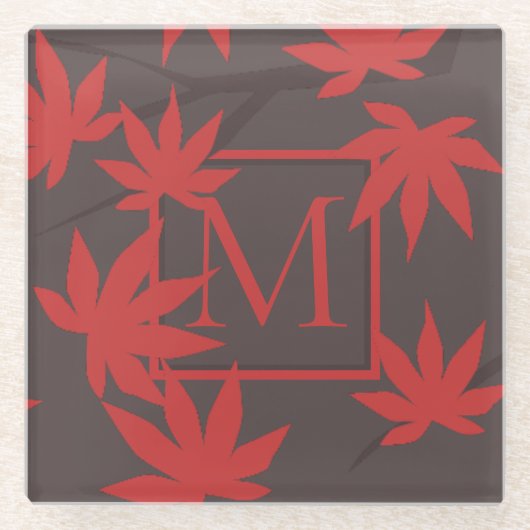Modern Monogram Red Maple Leaf Grey Glazen Onderzetter (Voorkant)