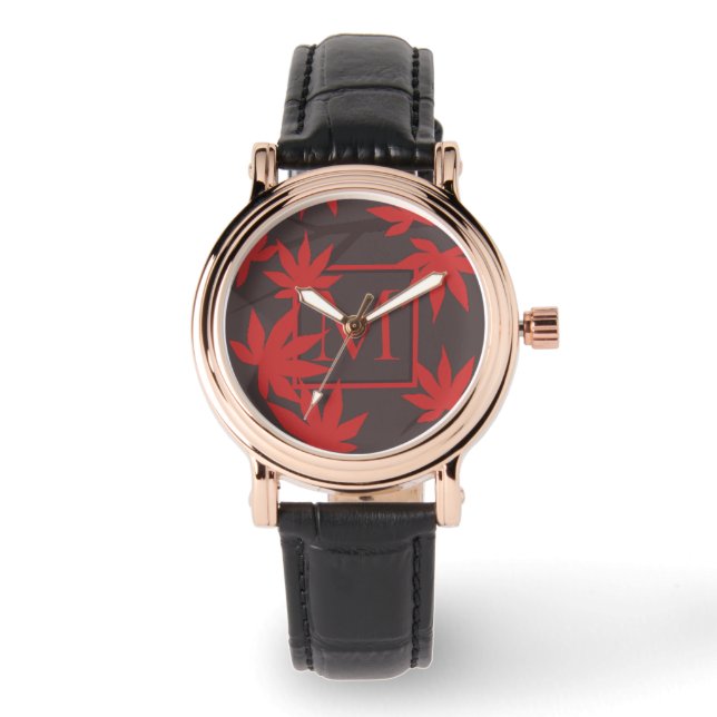 Modern Monogram Red Maple Leaf Grey Horloge (Voorkant)