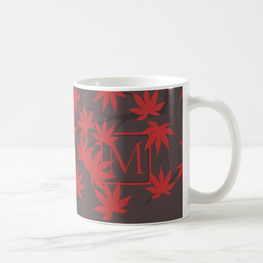 Modern Monogram Red Maple Leaf Grey Koffiemok (Rechts)