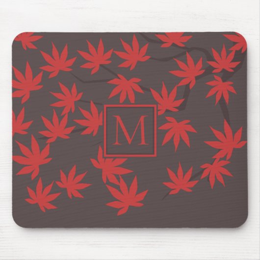 Modern Monogram Red Maple Leaf Grey Muismat (Voorkant)