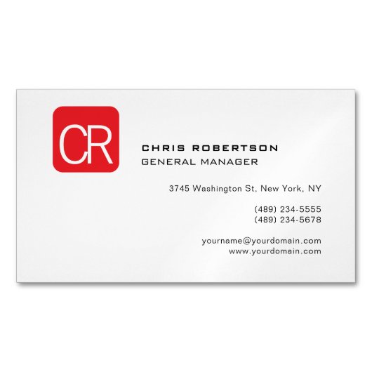 Modern Monogram Red White Professional Plain Magnetisch Visitekaartje (Voorkant)