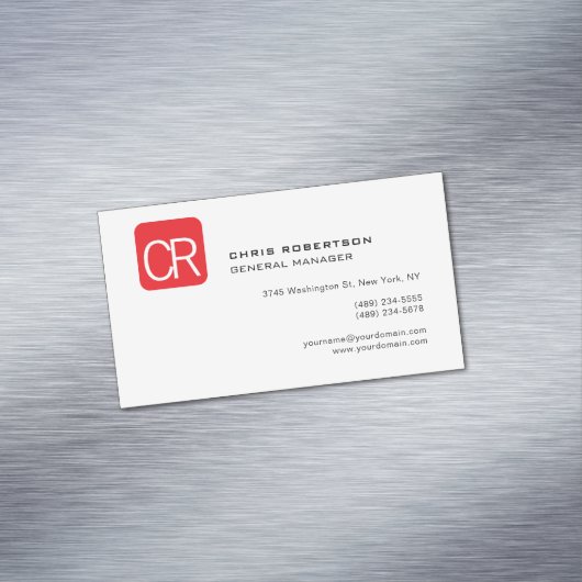 Modern Monogram Red White Professional Plain Magnetisch Visitekaartje (Voorbeeld)