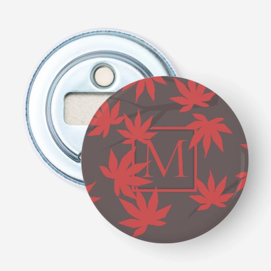 Modern Monogram Rode Esblad Grijs Button Flesopener (Voorkant)