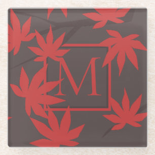 Modern Monogram Rode Esblad Grijs Glazen Onderzetter