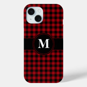 Modern Monogram Rood Plaid Patroon iPhone 15 Case