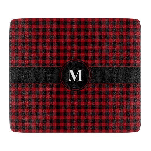 Modern Monogram Rood Plaid Patroon Snijplank (Voorkant)