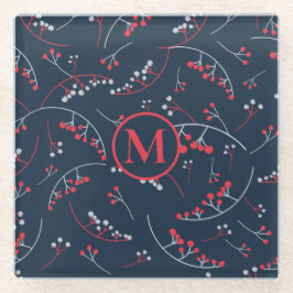Modern monogram roodgrijze marinebes patroon glazen onderzetter