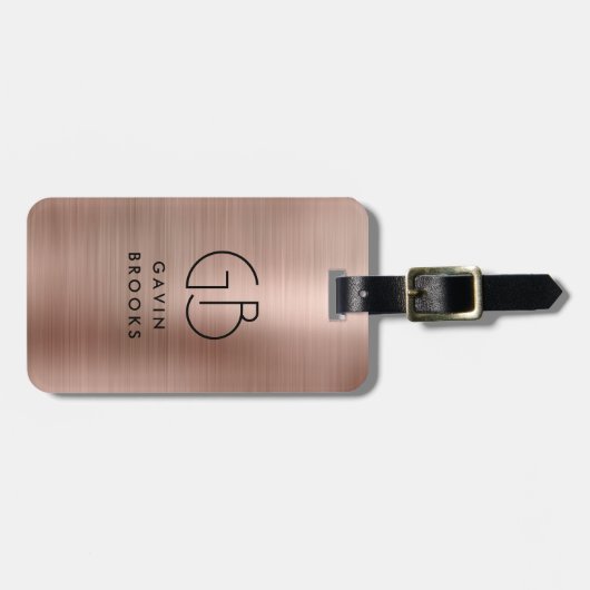 Modern monogram Roos Gold Elegant geborsteld metaa Bagagelabel (Voorkant horizontaal)