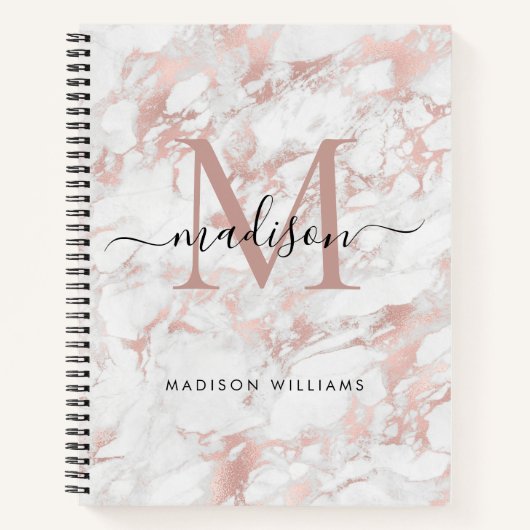 Modern Monogram Roos Goud Blush Roze Marmeren Foli Notitieboek (Voorkant)