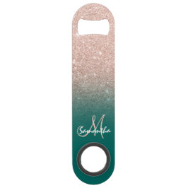 Modern monogram roos goud glitter ombre groen speed flessenopener