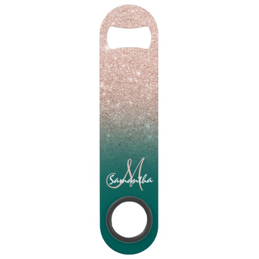 Modern monogram roos goud glitter ombre groen speed flessenopener (Voorkant)