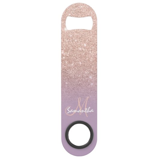 Modern monogram roos goud glitter ombre paarse speed flessenopener (Voorkant)
