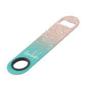 Modern monogram roos goud glitter ombre turquoise speed flessenopener (Voorkant Gekanteld)