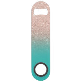 Modern monogram roos goud glitter ombre turquoise speed flessenopener (Achterkant)