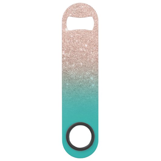 Modern monogram roos goud glitter ombre turquoise speed flessenopener (Achterkant)