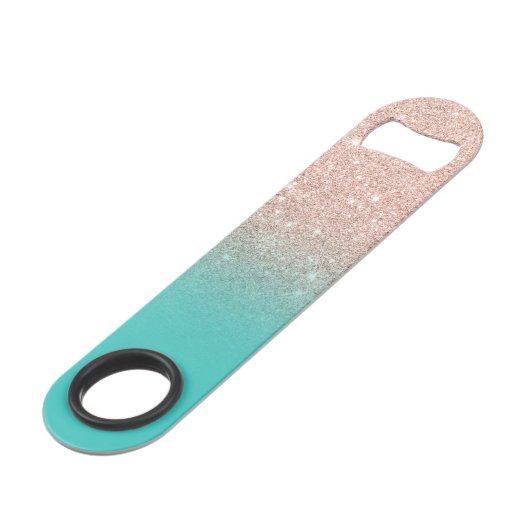 Modern monogram roos goud glitter ombre turquoise speed flessenopener (Achterkant Gekanteld)