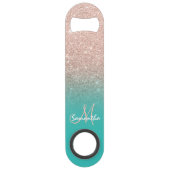 Modern monogram roos goud glitter ombre turquoise speed flessenopener (Voorkant)