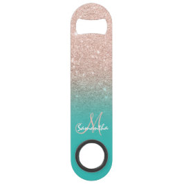 Modern monogram roos goud glitter ombre turquoise speed flessenopener
