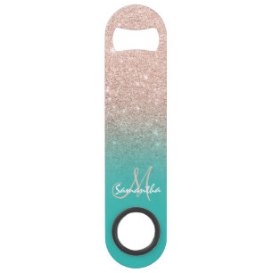 Modern monogram roos goud glitter ombre turquoise speed flessenopener