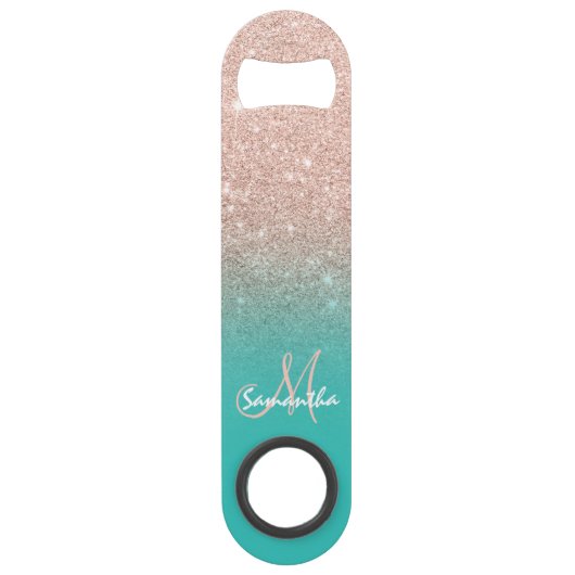 Modern monogram roos goud glitter ombre turquoise speed flessenopener (Voorkant)