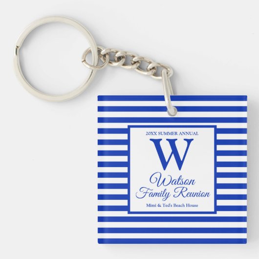 Modern Monogram Royal Blue Stripes Family Reunion Sleutelhanger (Voorkant)