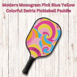 Modern Monogram Roze Blauw Geel Kleurrijke Swirls Pickleball Paddle