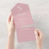 Modern Monogram Roze Eettafelservies All In One Uitnodiging (Afscheurbaar)