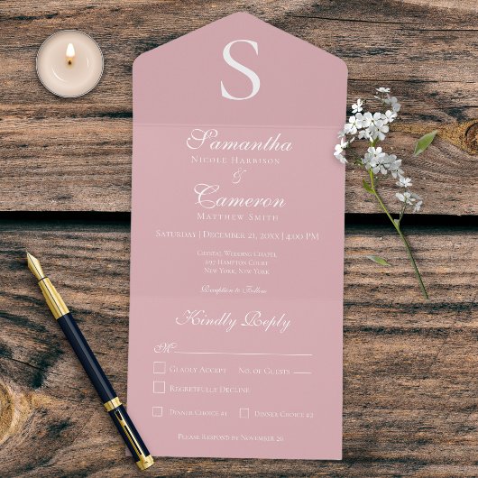 Modern Monogram Roze Eettafelservies All In One Uitnodiging