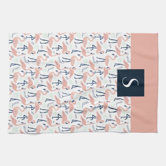 Modern Monogram roze Flamingo patroon Theedoek (Horizontaal)