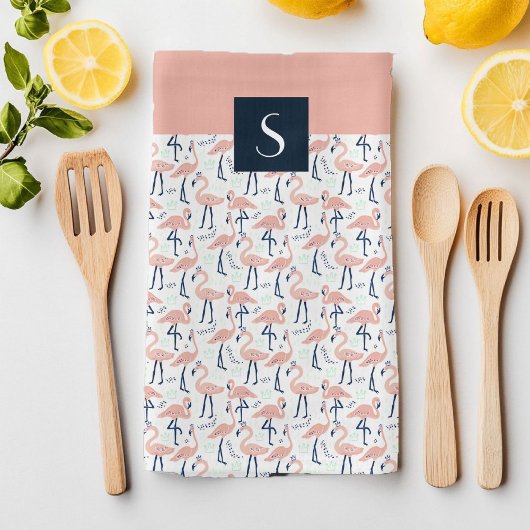 Modern Monogram roze Flamingo patroon Theedoek