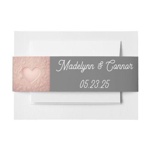 Modern Monogram Roze Hart met Grijze Bruiloft Uitnodigingen Wikkel (Voorkant Voorbeeld)