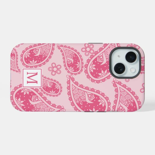 Modern Monogram Roze Paisley Retro Patroon iPhone 15 Case (Achterkant horizontaal)