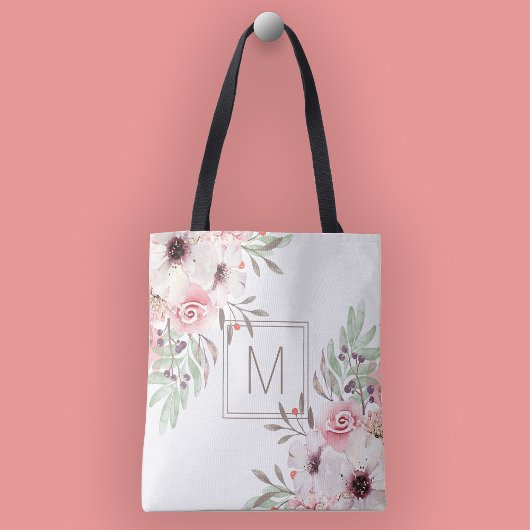 Modern Monogram roze Waterverf Floral Tote Bag
