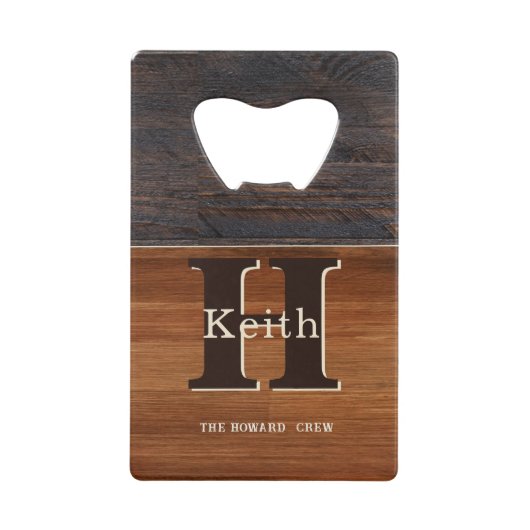 Modern Monogram Rustic Wood Tone Brown Creditkaart Flessenopener (Voorkant)