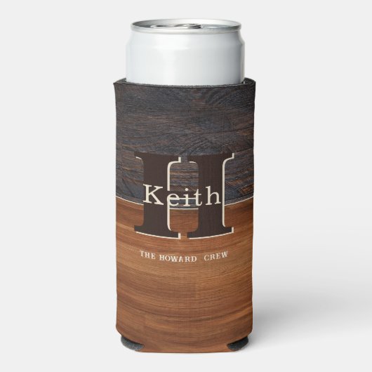 Modern Monogram Rustic Wood Tone Brown Seltzer Blikjeskoeler (Seltzer Achterkant)