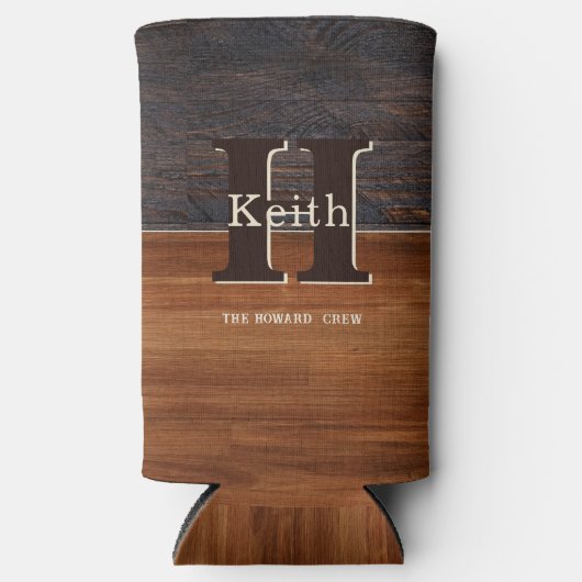 Modern Monogram Rustic Wood Tone Brown Seltzer Blikjeskoeler (Voorkant)