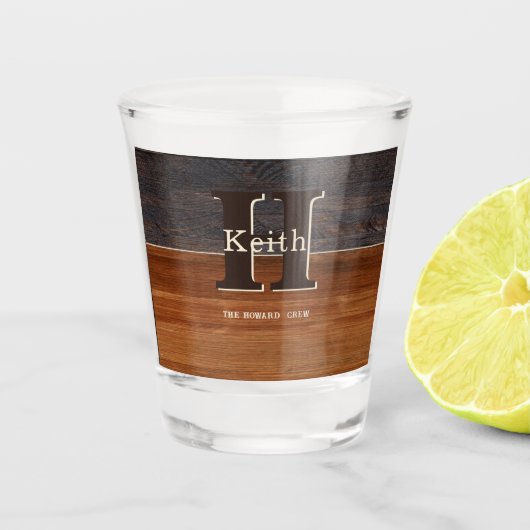 Modern Monogram Rustic Wood Tone Brown Shot Glas (Voorkant)