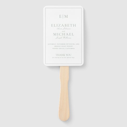 Modern Monogram Sage Groen Script Huwelijksprogram Handwaaier (Voorkant)