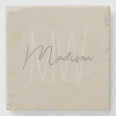 Modern monogram script beige stenen onderzetter (Voorkant)