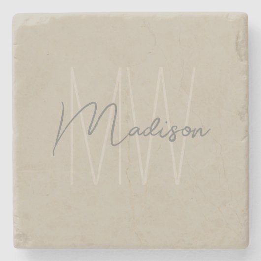 Modern monogram script beige stenen onderzetter (Voorkant)