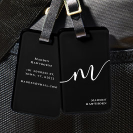 Modern Monogram Script Calligrafie Zwart Bagagelabel