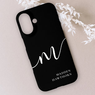 Modern Monogram Script Calligrafie Zwart iPhone 16 Hoesje