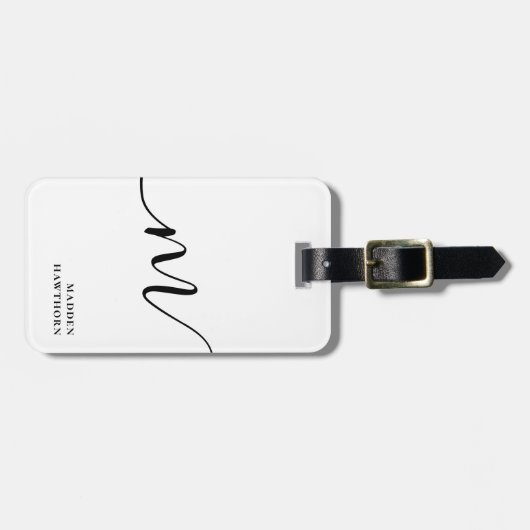Modern Monogram Script Calligrafie Zwart Wit Bagagelabel (Voorkant horizontaal)