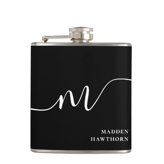 Modern Monogram Script Calligrafie Zwart Wit Heupfles (Voorkant)