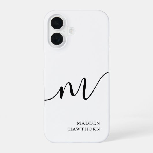Modern Monogram Script Calligrafie Zwart Wit iPhone 16 Hoesje (Achterkant)