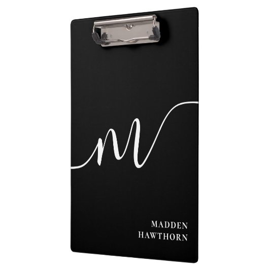 Modern Monogram Script Calligrafie Zwart Wit Klembord (Links)