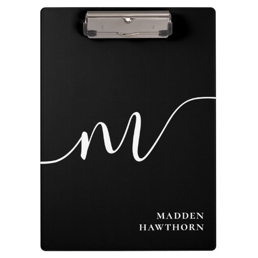 Modern Monogram Script Calligrafie Zwart Wit Klembord (Voorkant)