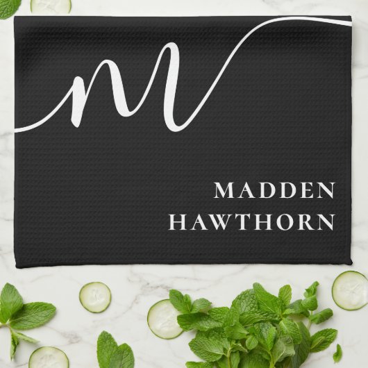 Modern Monogram Script Calligrafie Zwart Wit Theedoek (Gevouwen)