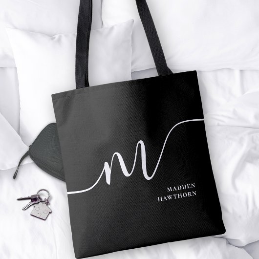 Modern Monogram Script Calligrafie Zwart Wit Tote Bag