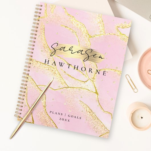 Modern Monogram Script Chic Girly Pink Gold Folie Planner